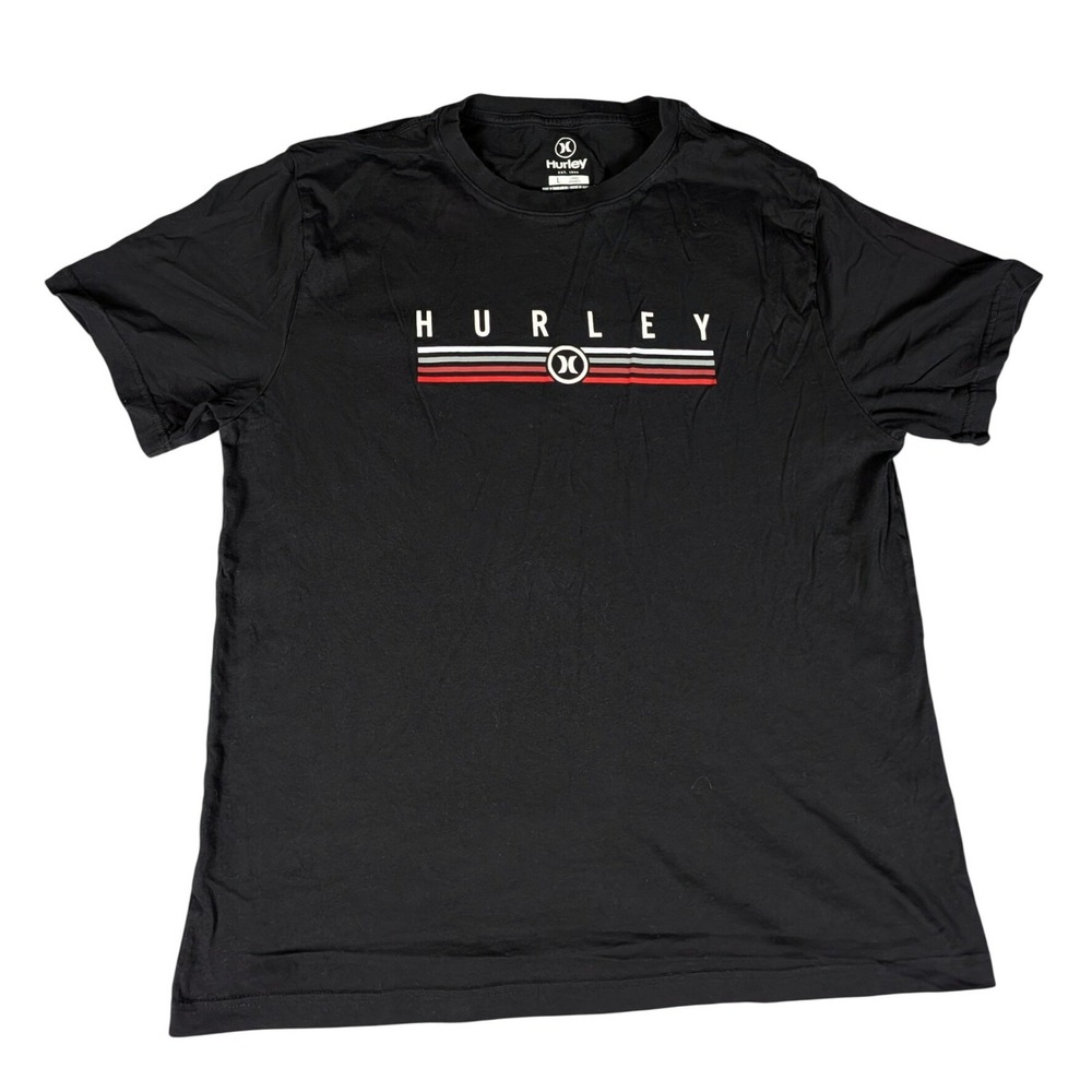 Hurley Graphic T-Shirt Mens Large Black Striped Logo Surf Skate Excellent